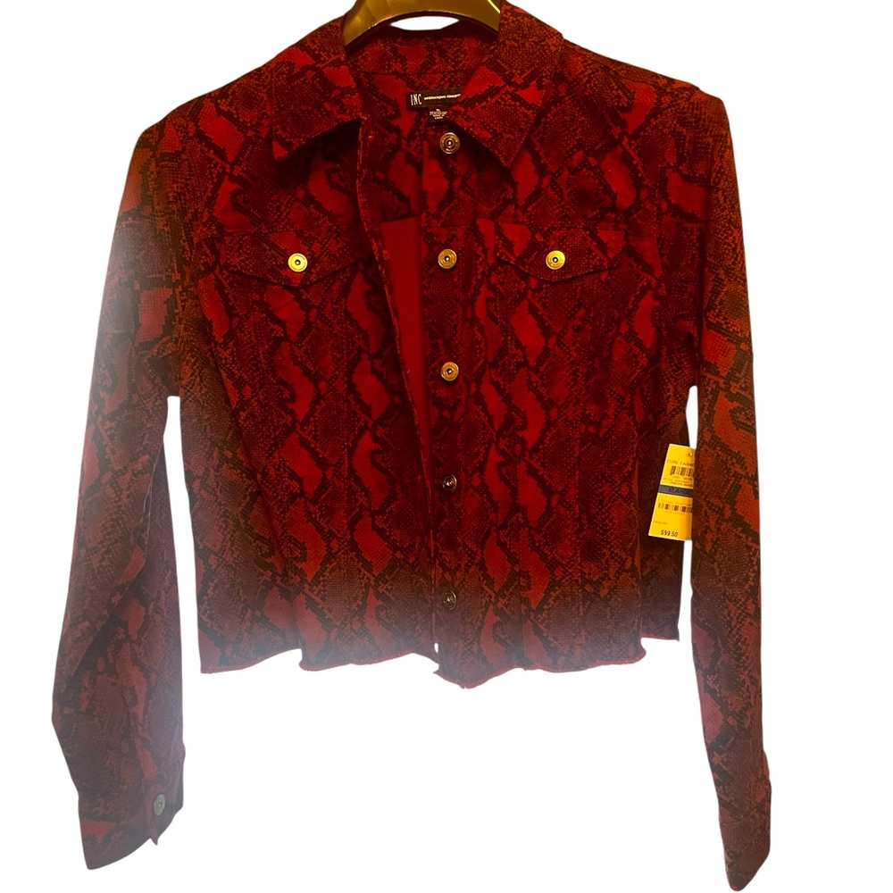 INC Crimson & Black Snake Print Raw Hem Jean Jacket XL. New with tag.